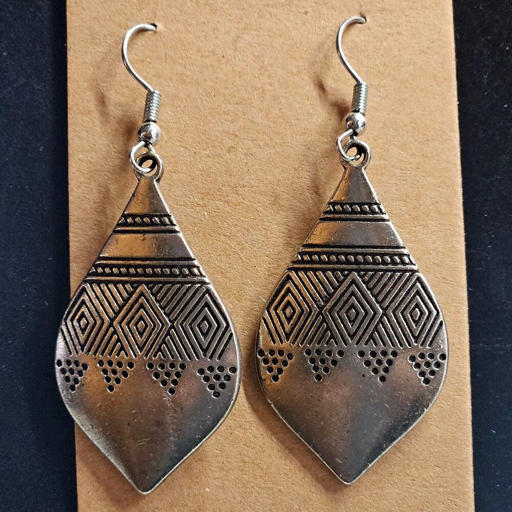 Aztec Teardrop Shaped Silver Earrings